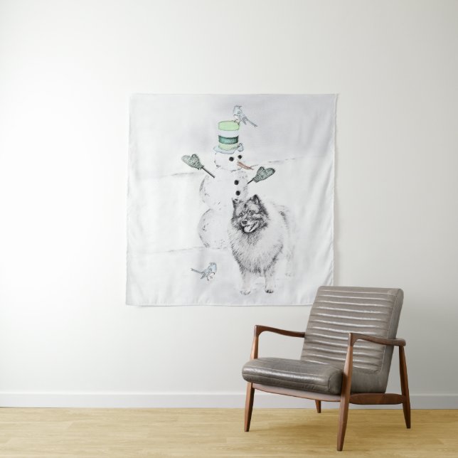 Keeshond Christmas Snowman Painting Dog Art Tapestry (In Situ (Horizontal))