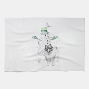 Keeshond Christmas Snowman Painting Dog Art Tea Towel