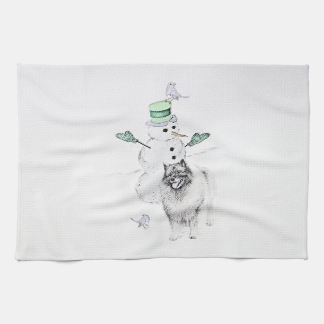 Keeshond Christmas Snowman Painting Dog Art Tea Towel (Horizontal)