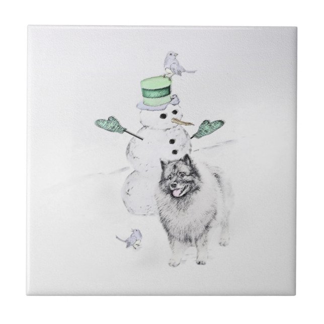 Keeshond Christmas Snowman Painting Dog Art Tile (Front)