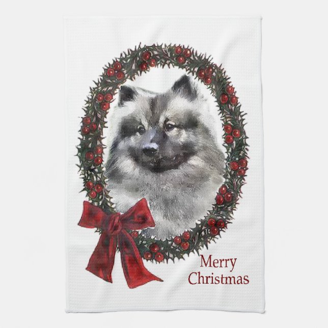 Keeshond Christmas Tea Towel (Vertical)