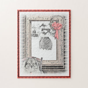 Keeshond Christmas Winter Window Painting Dog Art Jigsaw Puzzle