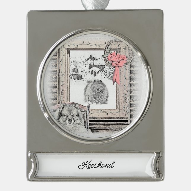 Keeshond Christmas Winter Window Painting Dog Art Silver Plated Banner Ornament (Front)