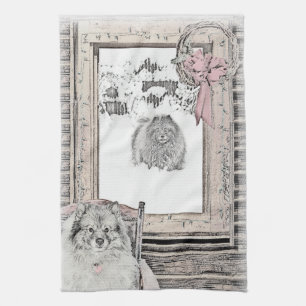 Keeshond Christmas Winter Window Painting Dog Art Tea Towel
