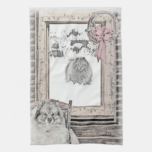 Keeshond Christmas Winter Window Painting Dog Art Tea Towel (Vertical)