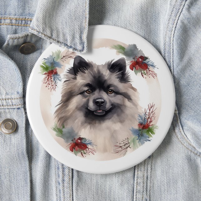 Keeshond Christmas Wreath Festive Pup 6 Cm Round Badge (In Situ)