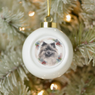 Keeshond Christmas Wreath Festive Pup Ceramic Ball Christmas Ornament