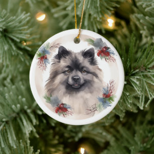 Keeshond Christmas Wreath Festive Pup Ceramic Tree Decoration