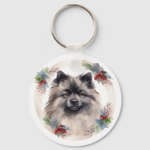 Keeshond Christmas Wreath Festive Pup Key Ring