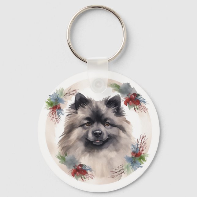 Keeshond Christmas Wreath Festive Pup Key Ring (Front)