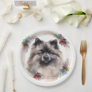 Keeshond Christmas Wreath Festive Pup Paper Plate