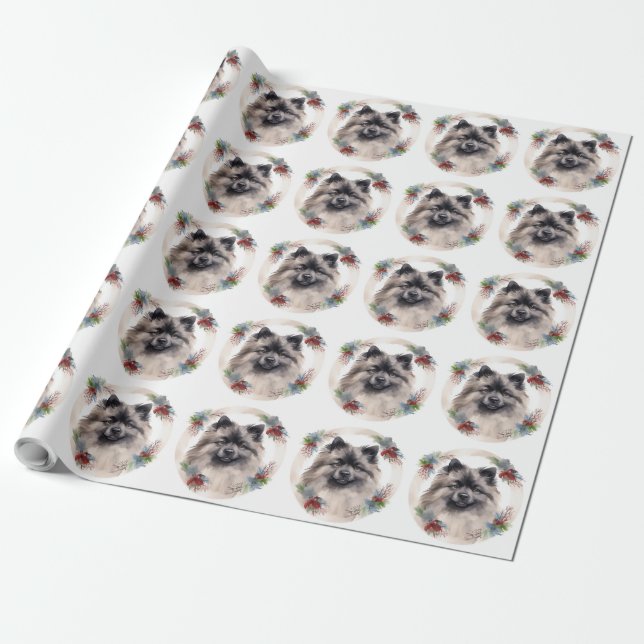 Keeshond Christmas Wreath Festive Pup Wrapping Paper (Unrolled)