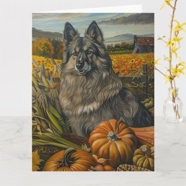 Keeshond Dog Autumn Harvest Thanksgiving Card (Yellow Flower)