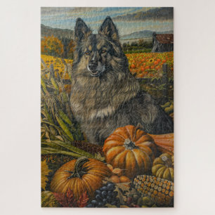 Keeshond Dog Autumn Harvest Thanksgiving Jigsaw Puzzle