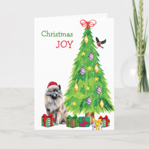 Keeshond Dog, Bird and Christmas Tree Holiday Card