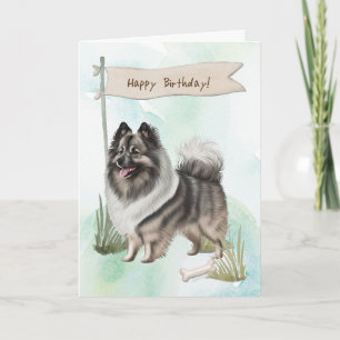 Keeshond Dog Breed Outdoors Under Birthday Sign Card