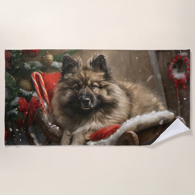 keeshond Dog Christmas Festive  Beach Towel (Front)
