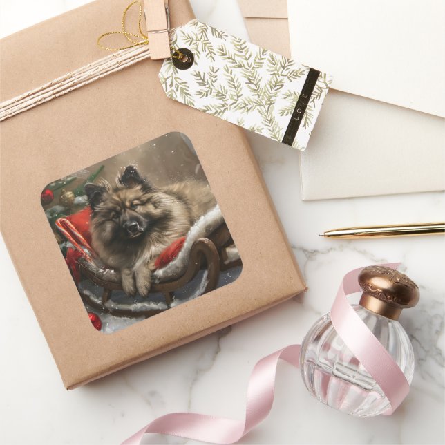 keeshond Dog Christmas Festive  Square Sticker (Gifting)