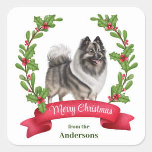 Keeshond Dog Holly Banner Christmas Square Sticker