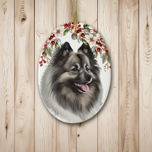 Keeshond Dog Holly Berry Christmas Ceramic Tree Decoration