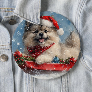 Keeshond Dog in Sledge Let it Snow Christmas 6 Cm Round Badge