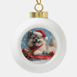 Keeshond Dog in Sledge Let it Snow Christmas Ceramic Ball Christmas Ornament