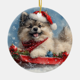 Keeshond Dog in Sledge Let it Snow Christmas Ceramic Tree Decoration