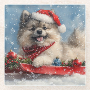 Keeshond Dog in Sledge Let it Snow Christmas Glass Coaster