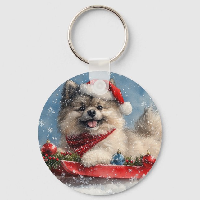 Keeshond Dog in Sledge Let it Snow Christmas Key Ring (Front)