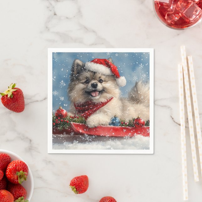 Keeshond Dog in Sledge Let it Snow Christmas Napkin (Insitu)