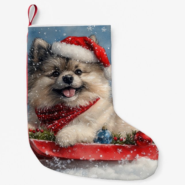 Keeshond Dog in Sledge Let it Snow Christmas Small Christmas Stocking (Front)