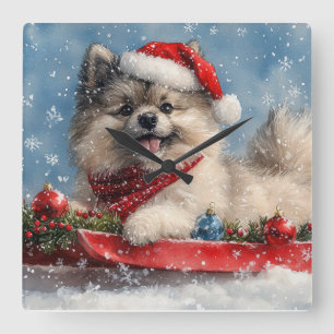 Keeshond Dog in Sledge Let it Snow Christmas Square Wall Clock