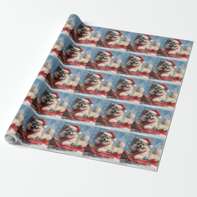 Keeshond Dog in Sledge Let it Snow Christmas Wrapping Paper (Unrolled)