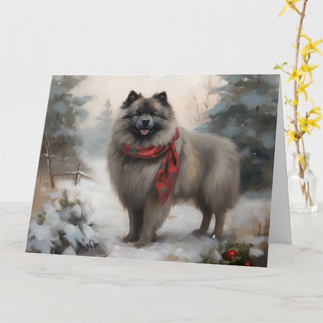 Keeshond Dog in Snow Christmas Card (Yellow Flower)