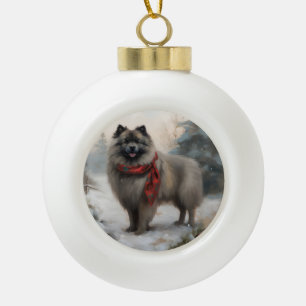 Keeshond Dog in Snow Christmas Ceramic Ball Christmas Ornament