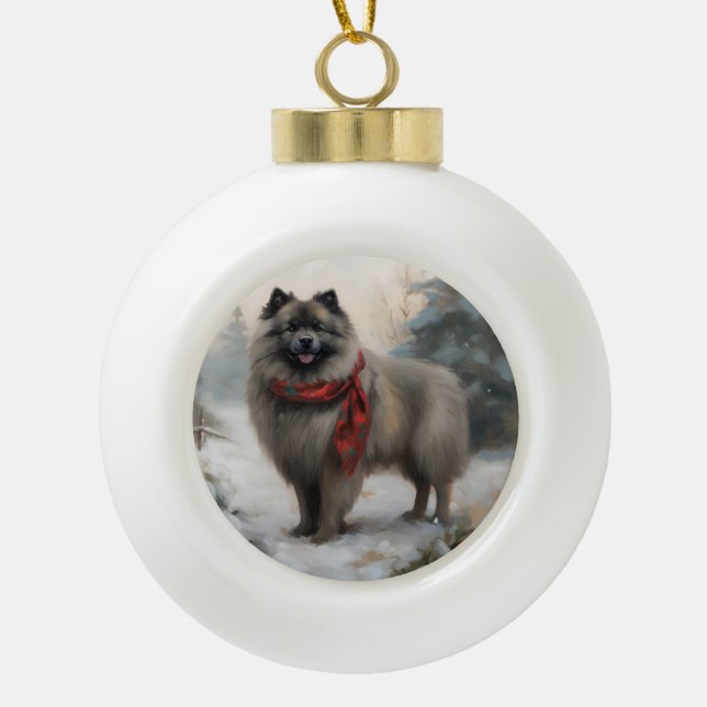Keeshond Dog in Snow Christmas Ceramic Ball Christmas Ornament (Front)