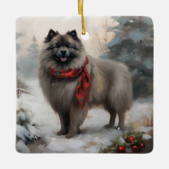 Keeshond Dog in Snow Christmas Ceramic Ornament (Front)