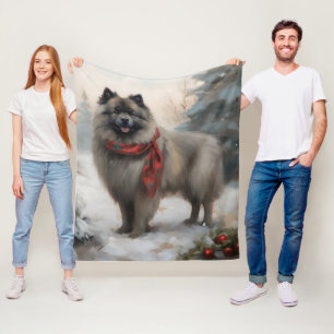 Keeshond Dog in Snow Christmas Fleece Blanket
