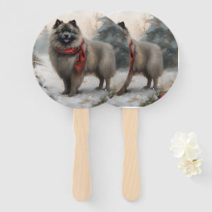 Keeshond Dog in Snow Christmas Hand Fan