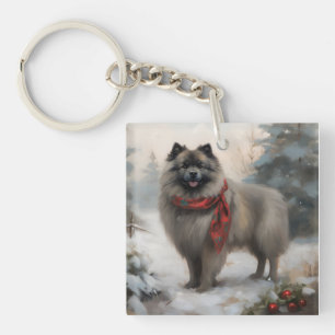 Keeshond Dog in Snow Christmas Key Ring