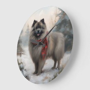 Keeshond Dog in Snow Christmas Large Clock
