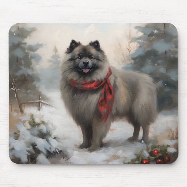 Keeshond Dog in Snow Christmas Mouse Mat (Front)