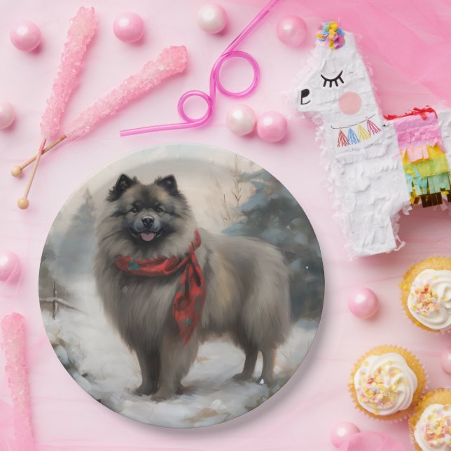 Keeshond Dog in Snow Christmas Paper Plate (Party)
