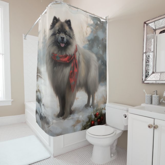 Keeshond Dog in Snow Christmas Shower Curtain (In Situ)