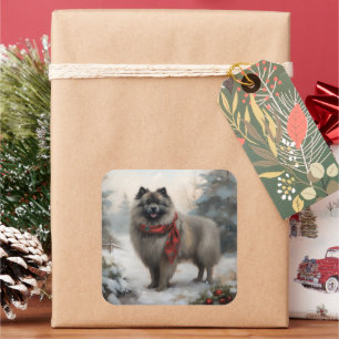 Keeshond Dog in Snow Christmas Square Sticker