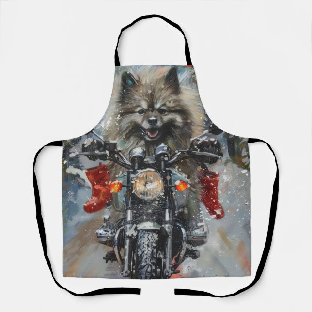 Keeshond Dog Riding Motorcycle Christmas Apron (Front)
