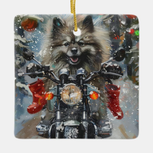 Keeshond Dog Riding Motorcycle Christmas Ceramic Ornament (Front)