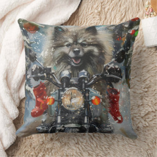 Keeshond Dog Riding Motorcycle Christmas Cushion