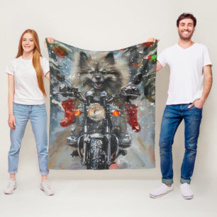 Keeshond Dog Riding Motorcycle Christmas Fleece Blanket