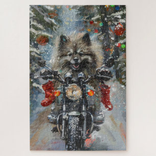 Keeshond Dog Riding Motorcycle Christmas Jigsaw Puzzle